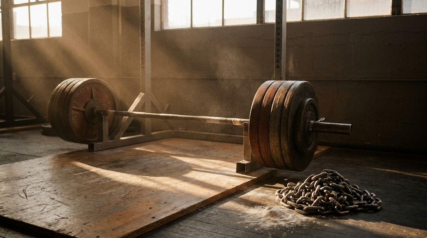 A loaded barbell resting on a worn wooden lifting platform, morning light and chalk dust across the floor